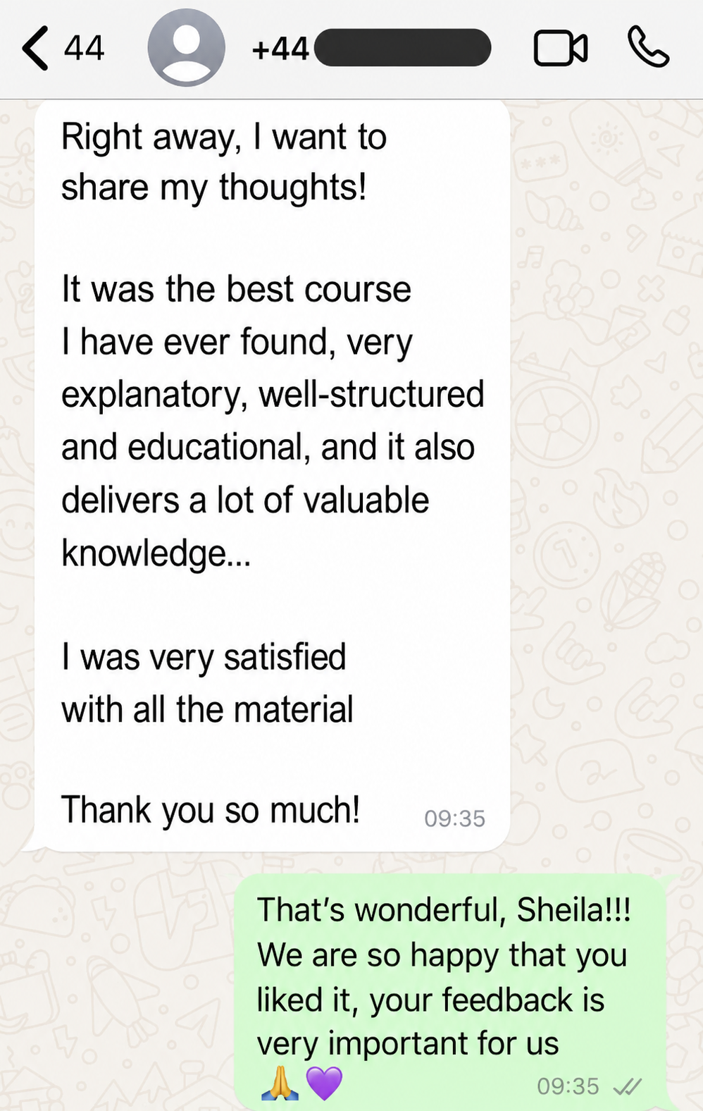 WhatsApp message: heartfelt thanks and attentive reading