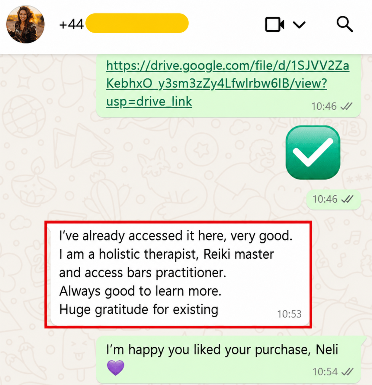 WhatsApp message: I loved the Energy Self-Healing Guide