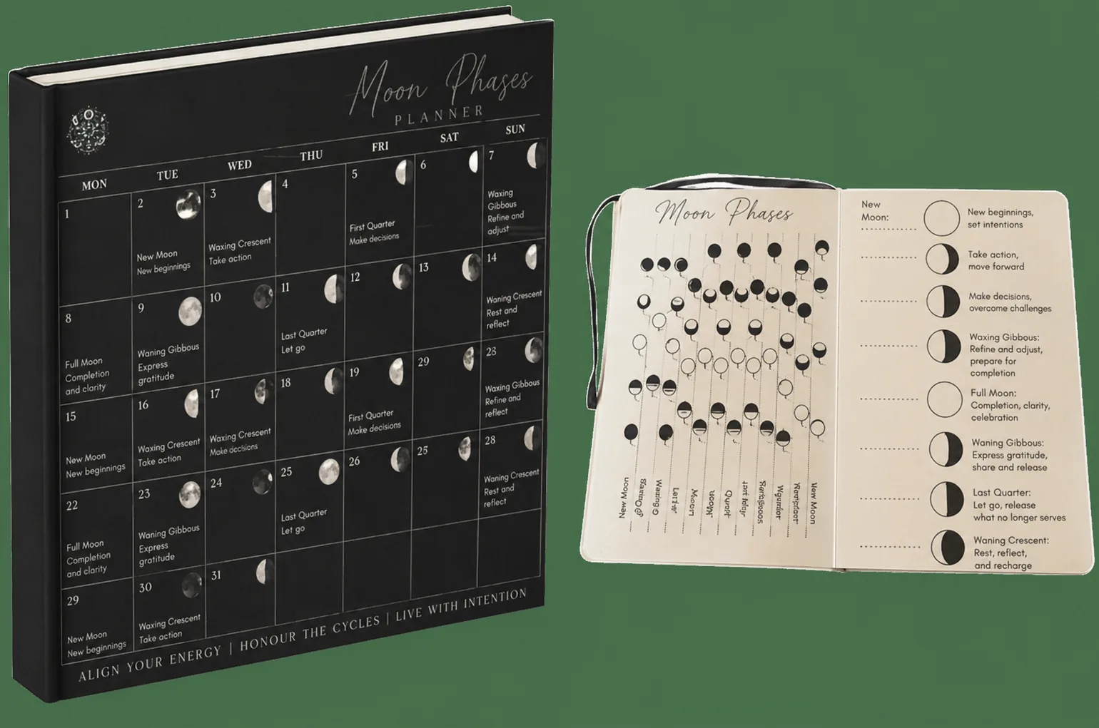 Moon Phases planner with a lunar calendar and moon phases for wellbeing rituals