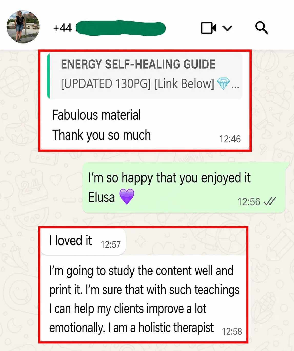 WhatsApp message: wonderful material, from a holistic therapist