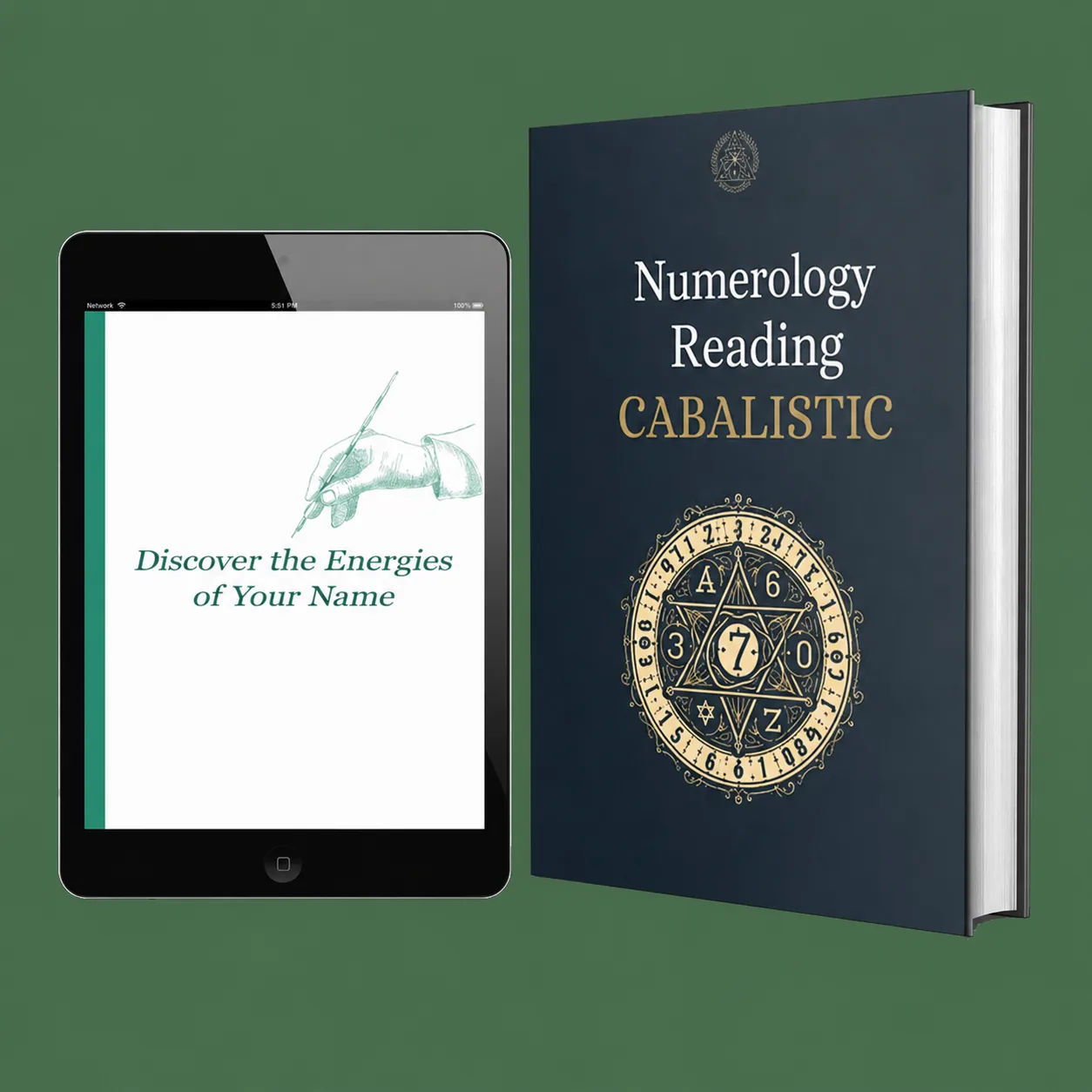 Kabbalistic Numerology Reading — book and tablet displaying Discover the Energies of Your Name