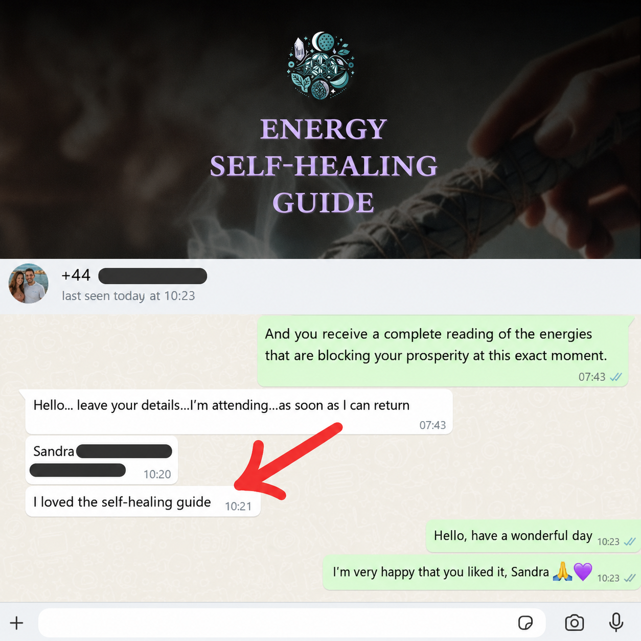 WhatsApp message: a holistic therapist praises the material